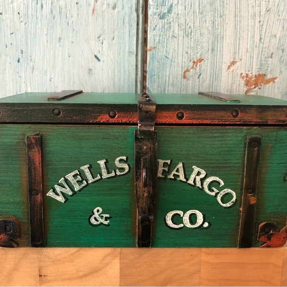 Other - Mini Wells Fargo & Co. green trunk with nailed wooden trim & little metal latch